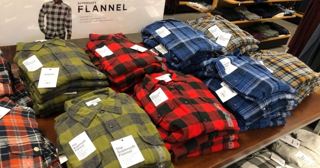 Sonama Goods for Life men's flannels on display table