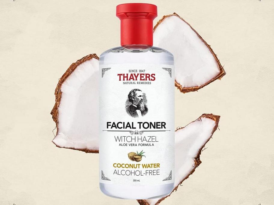 thayer's facial toner with coconut water and coconut in background