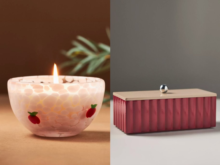 lighted candle and pink jewelry box