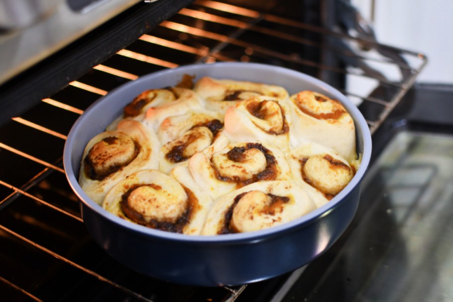 cinnamon rolls in the oven after baking