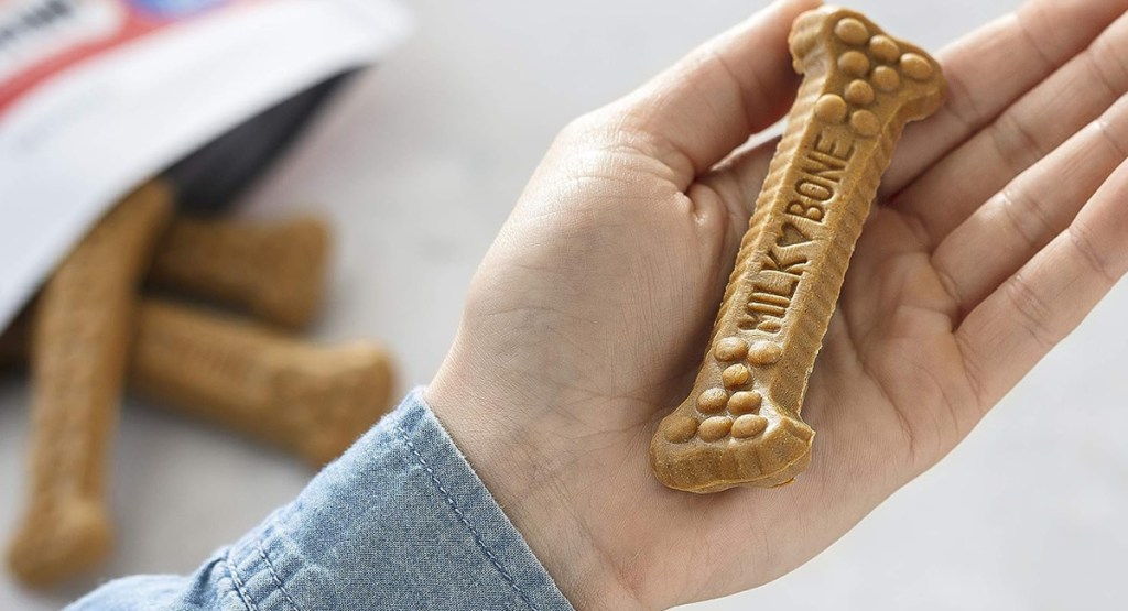 dental dog treat in woman's hands