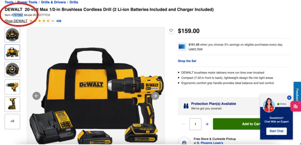 drill screenshot on lowes.online