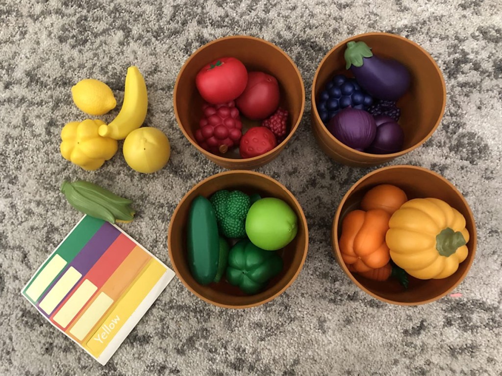 display of fruit with baskets