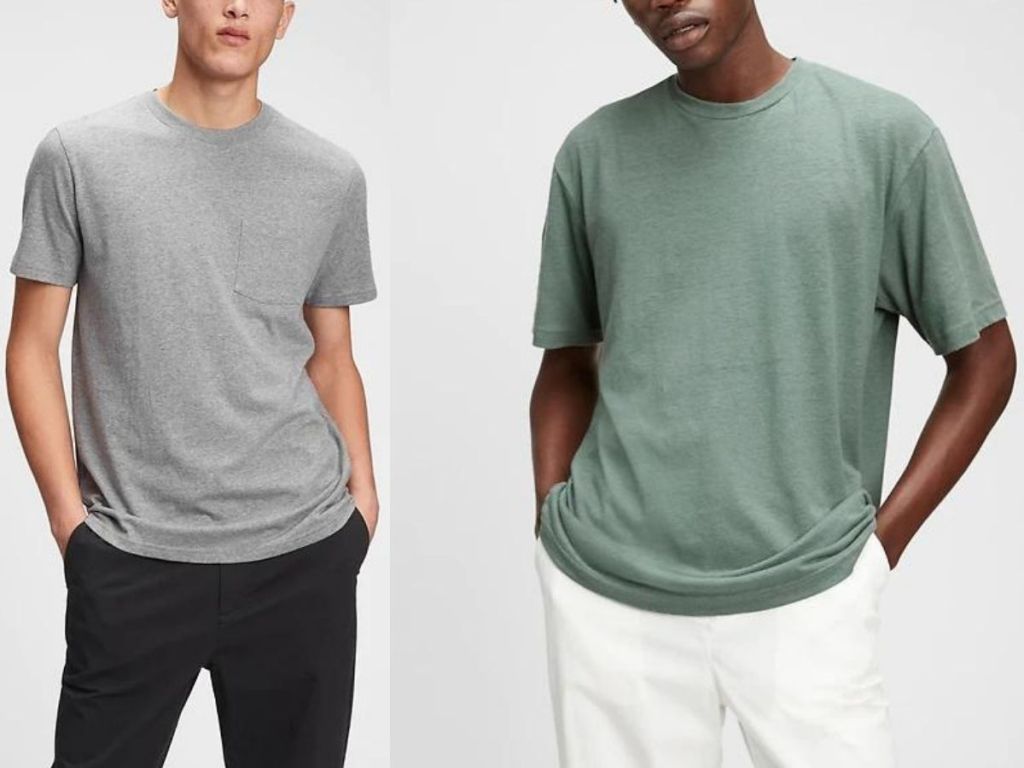 man wearing gray tee and man wearing green tee