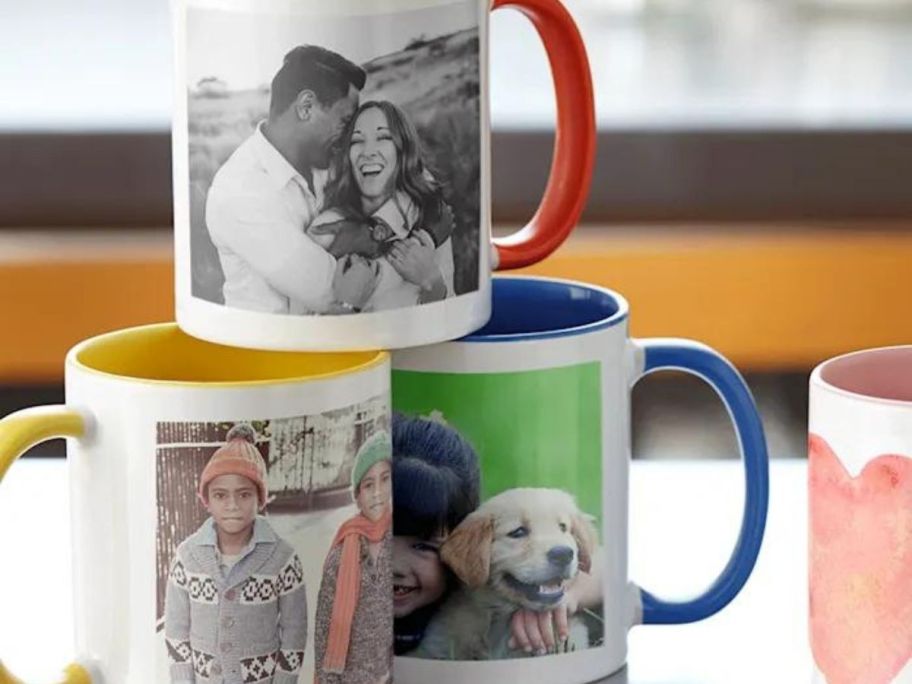 3 custom photo mugs stacked on a table