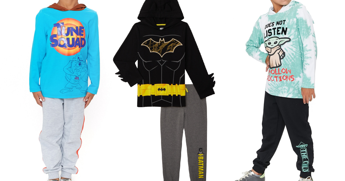 two boys in character jogger sets and boys Batman jogger set