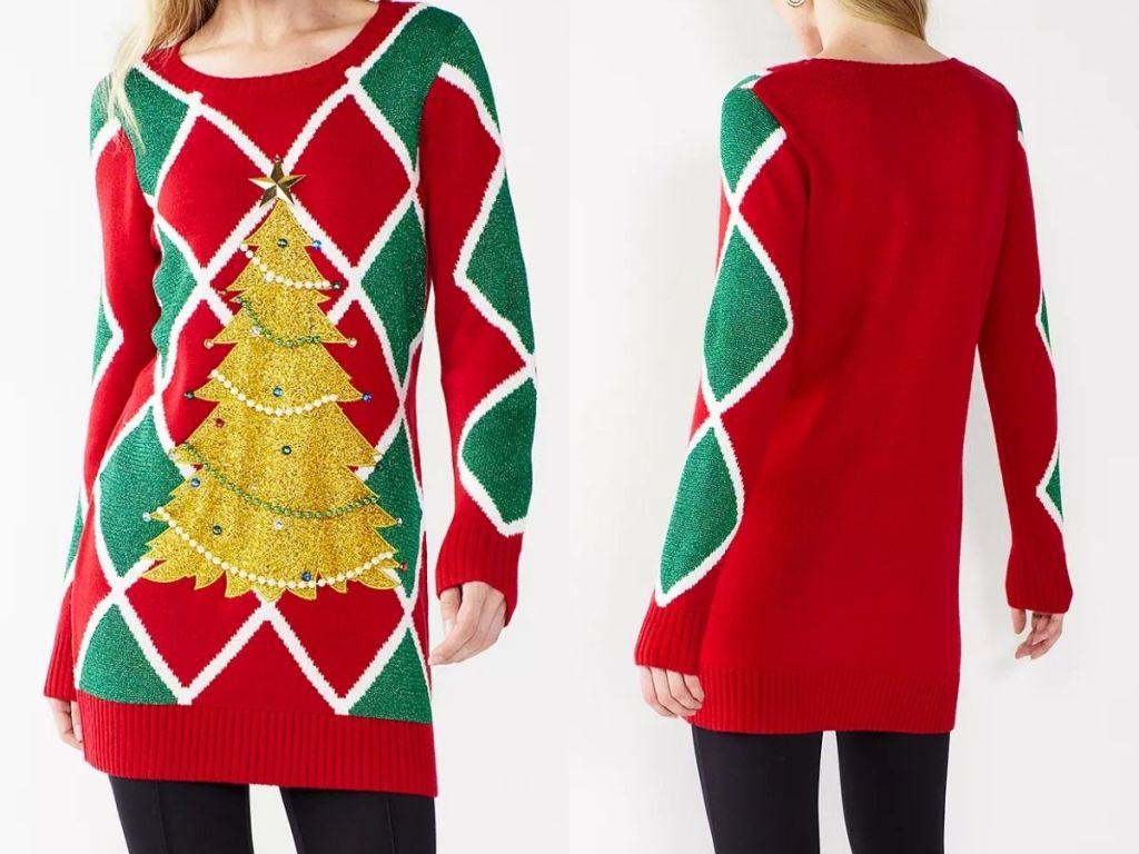 woman wearing christmas tunic crewneck sweater