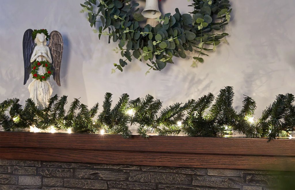 lighted garland on mantel