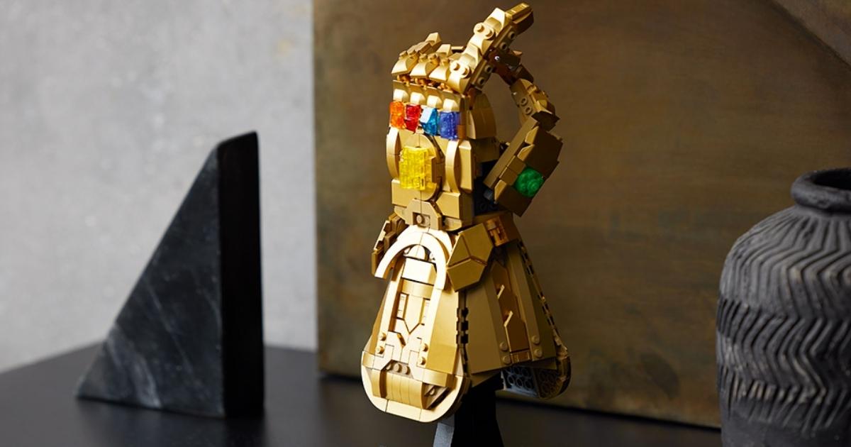 lego infinity gauntlet building kit on display