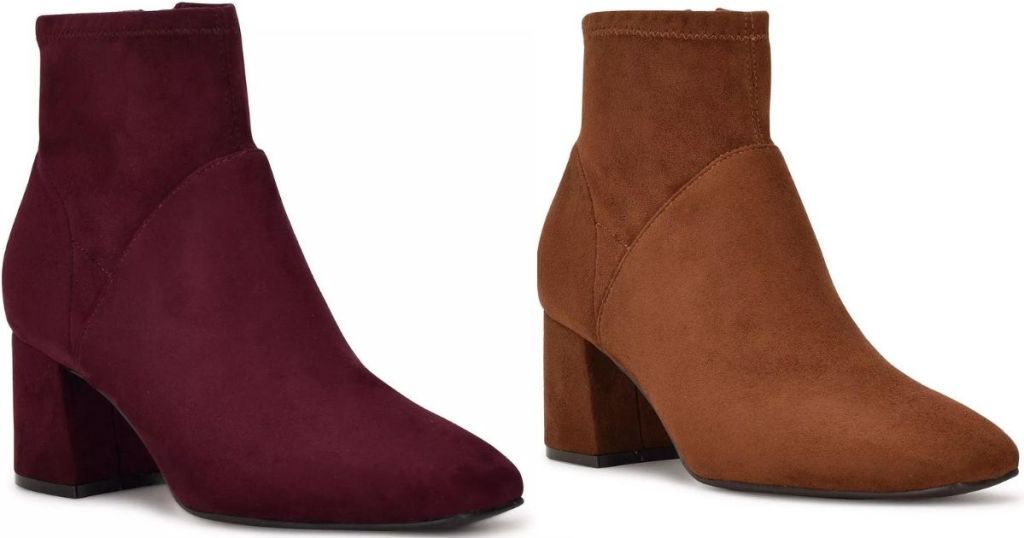 purple and brown blcok heel booties