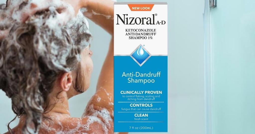 woman washing her hair and nizoral shampoo box