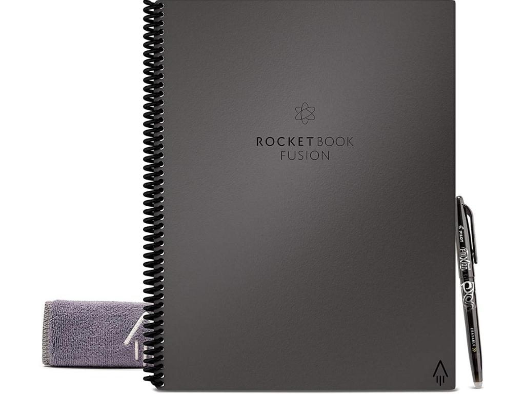 rocketbook fusion with gray cover and cloth and pen