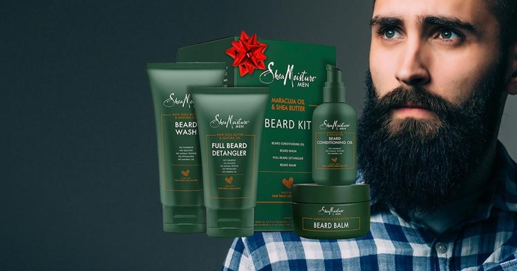 shea moisture beard care kit with bearded man