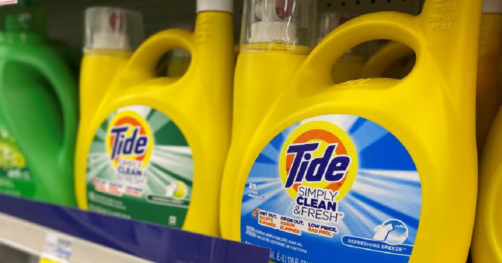 two large yellow bottles of laundry detergent 