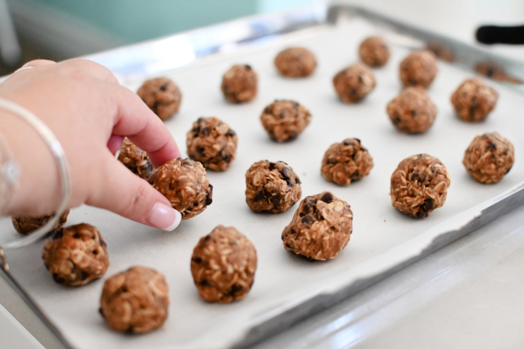 adding energy bites to sheet pan