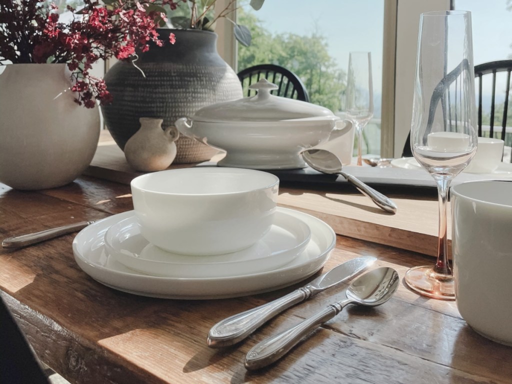 white tableware on farmhouse table