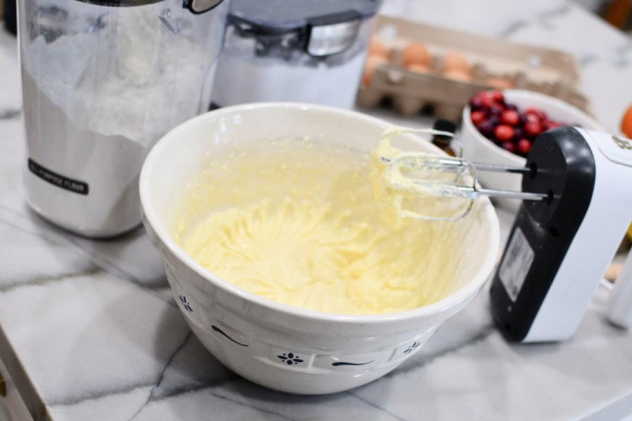 mixing bowl with cake batter inside