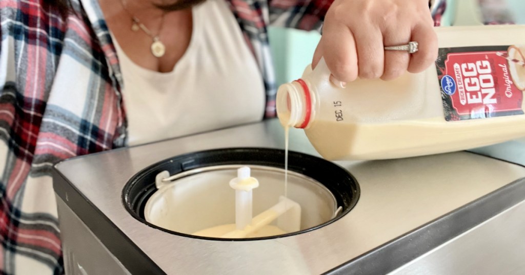 pouring eggnog into an ice cream maker