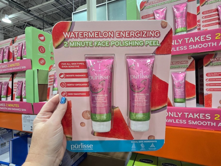 hand holding a Purlisse Face Polishing Peel 2-Pack at Costco