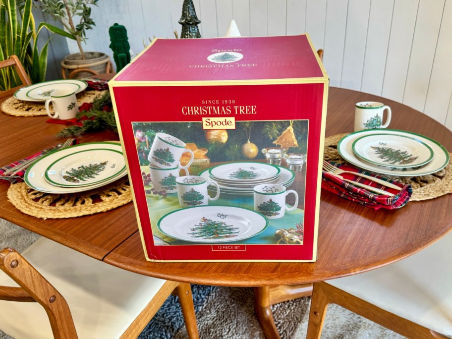 Christmas plates displayed on top of a table