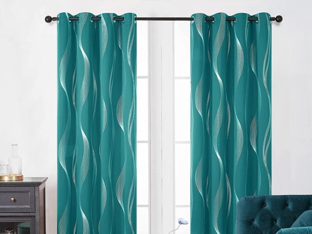 Deconovo Foil Print 2 Panel Blackout Curtains, Turquoise