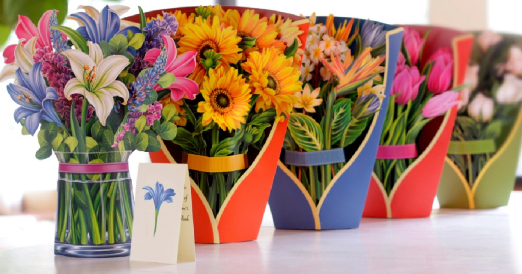 row of pop-up flower bouquet cards on counter