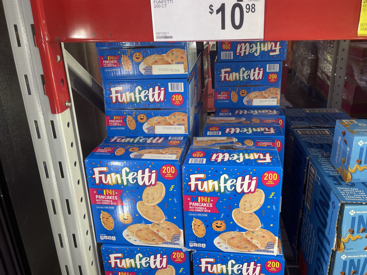 in-store freezer section of mini funfetti frozen pancakes