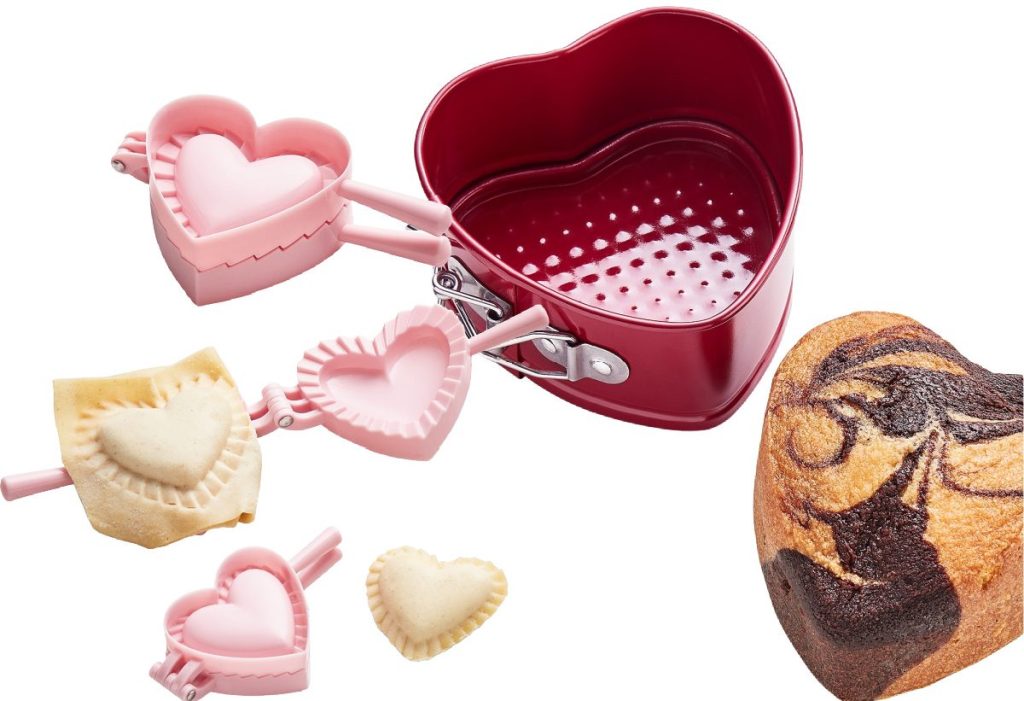 pink heart dough press set and heart-shaped springform pan