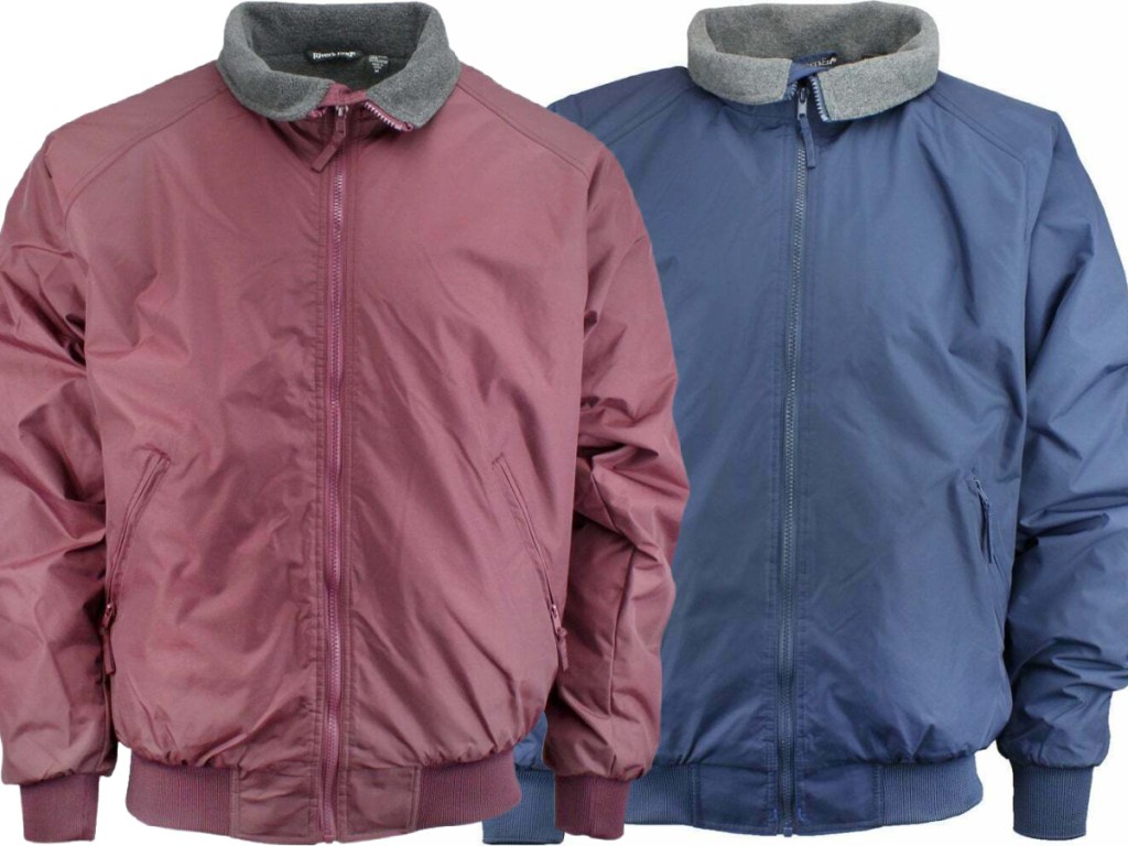 men's burgundy bomber jacket and blue jacket