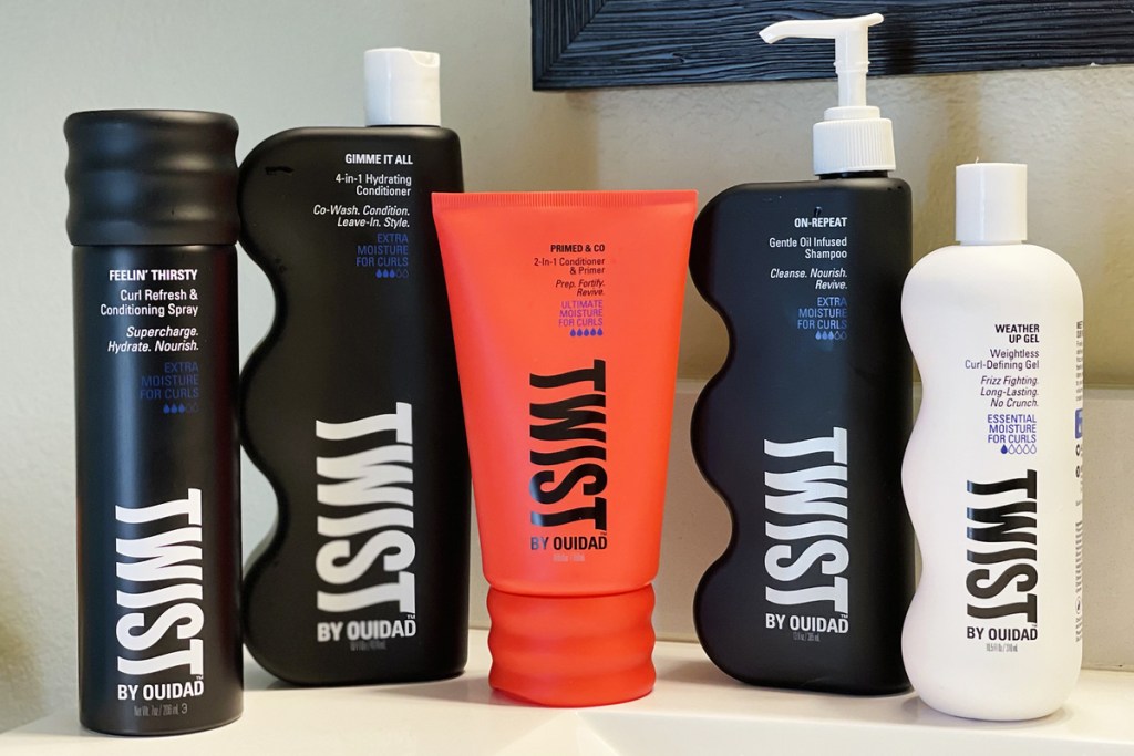 twist hair products in bathroom