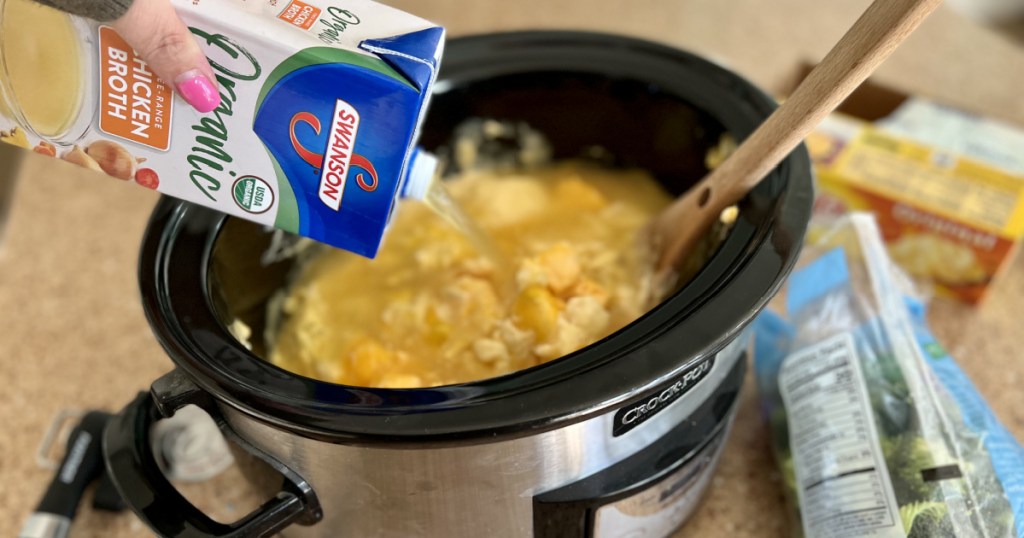 adding broth to broccoli cheddar soup