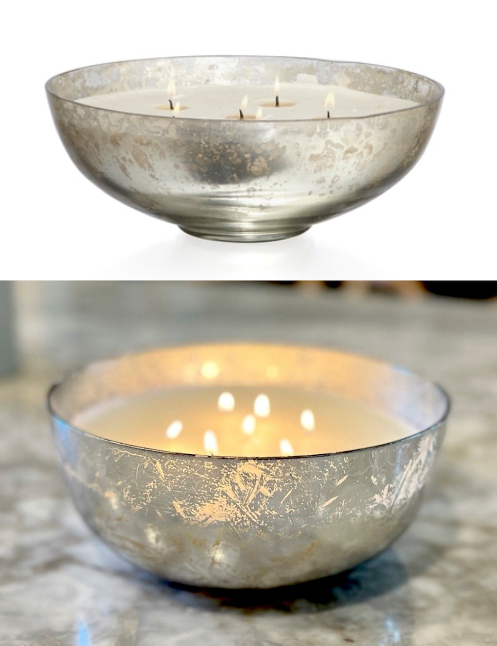 onlineparison of two mercury glass bowl candles one on kitchen countertop