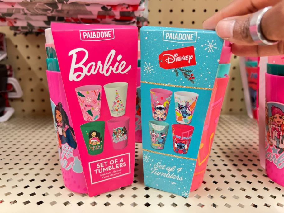 holiday tumblers on a store shelf