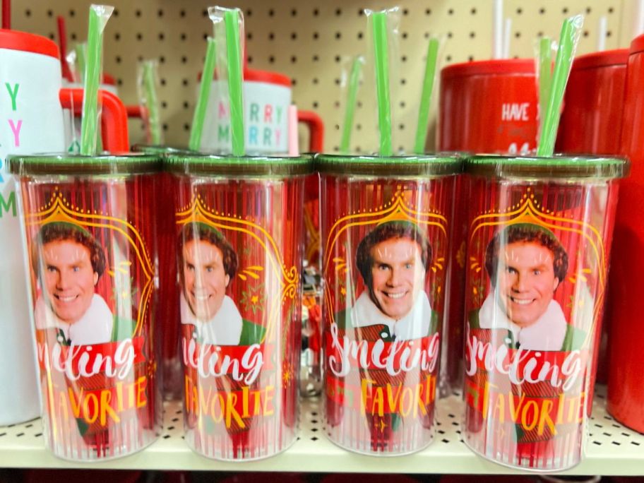 holiday tumblers on a store shelf