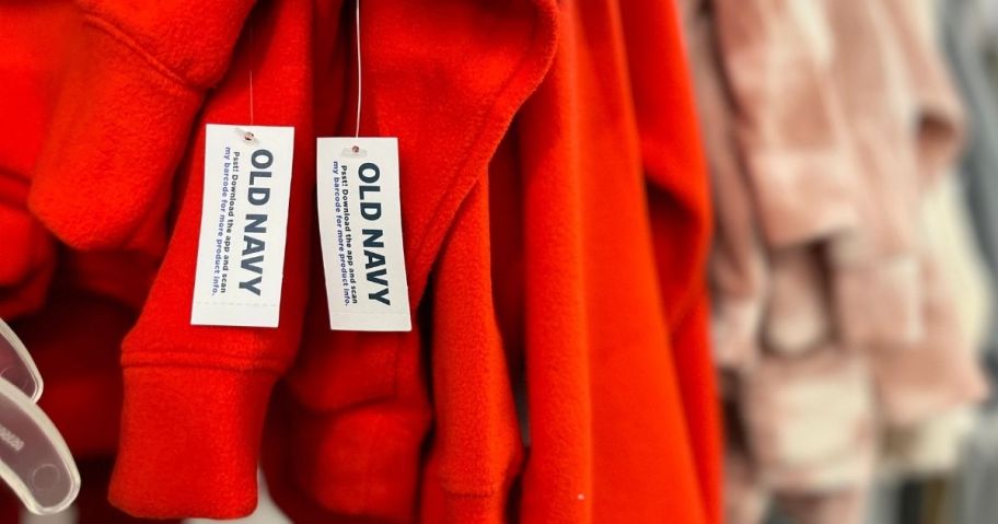 old navy sweatshirts on rack in store