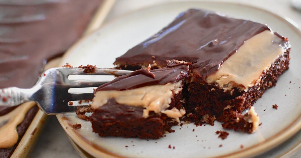 taking bite of Texas Sheet Cake