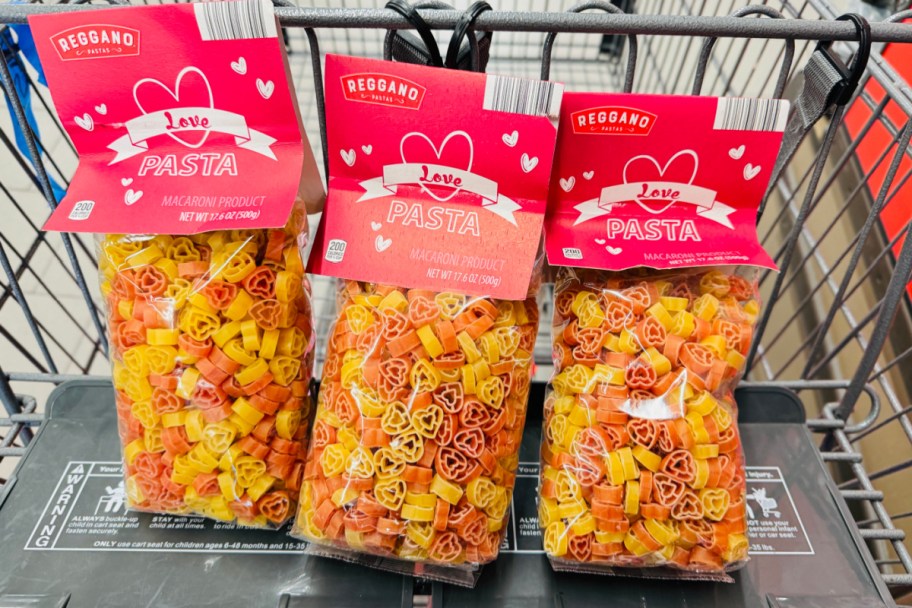 three bags of heart pasta in cart