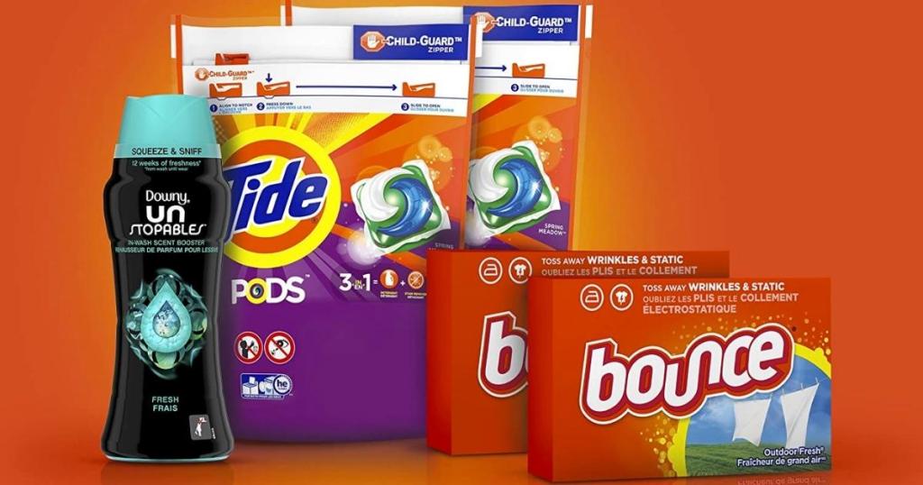 better together laundry bundle with tide pods, downy unstoppables and bounce dryer sheets