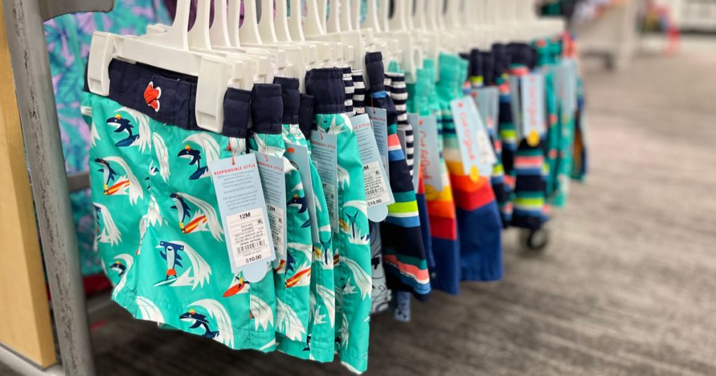 kids swim trunks on rack