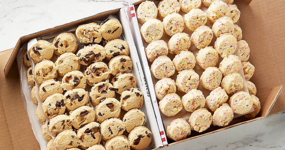 box filled with cookie dough balls