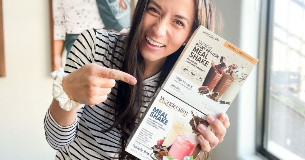 woman pointing to Diet Direct meal shakes