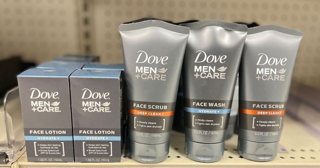 Dove Men+Care face lotion and face scrub on store shelf