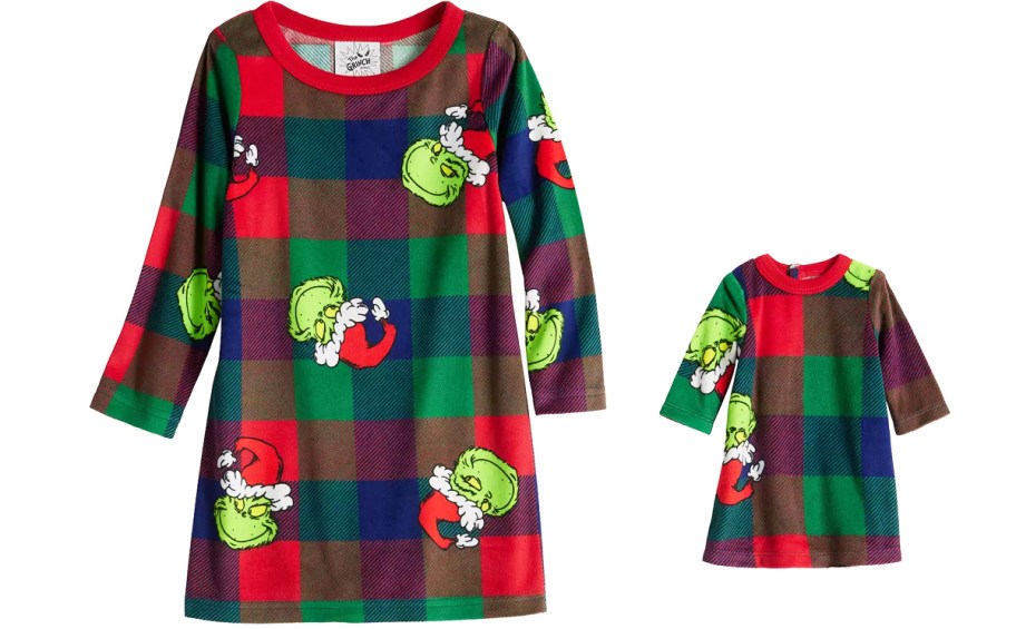 Dr. Seuss Grinch print matching girl and doll nightgowns