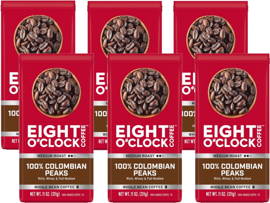 Stock image of 6 bags of Eight O'Clock Columbian Peaks Whole Bean Coffee