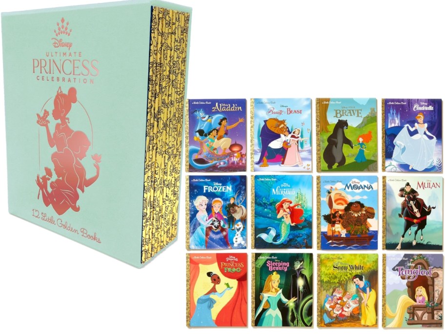 a boxed set of 12 Little Golden Books with a light green box and a pink Disney Princess next to smaller imagers of the 12 included books