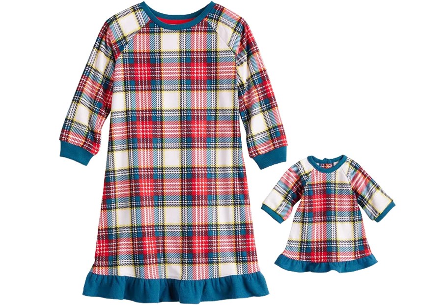 plaid print matching girl and doll nightgowns