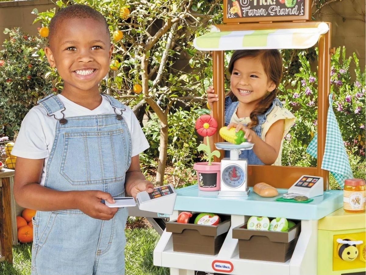 kids playing with garden market toy