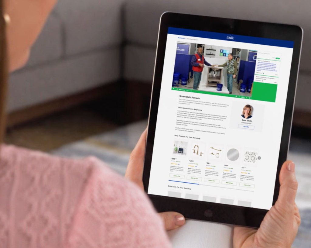 woman holding ipad watching lowe's workshop