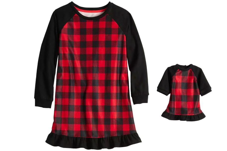 red and black buffalo plaid print matching girl and doll nightgowns