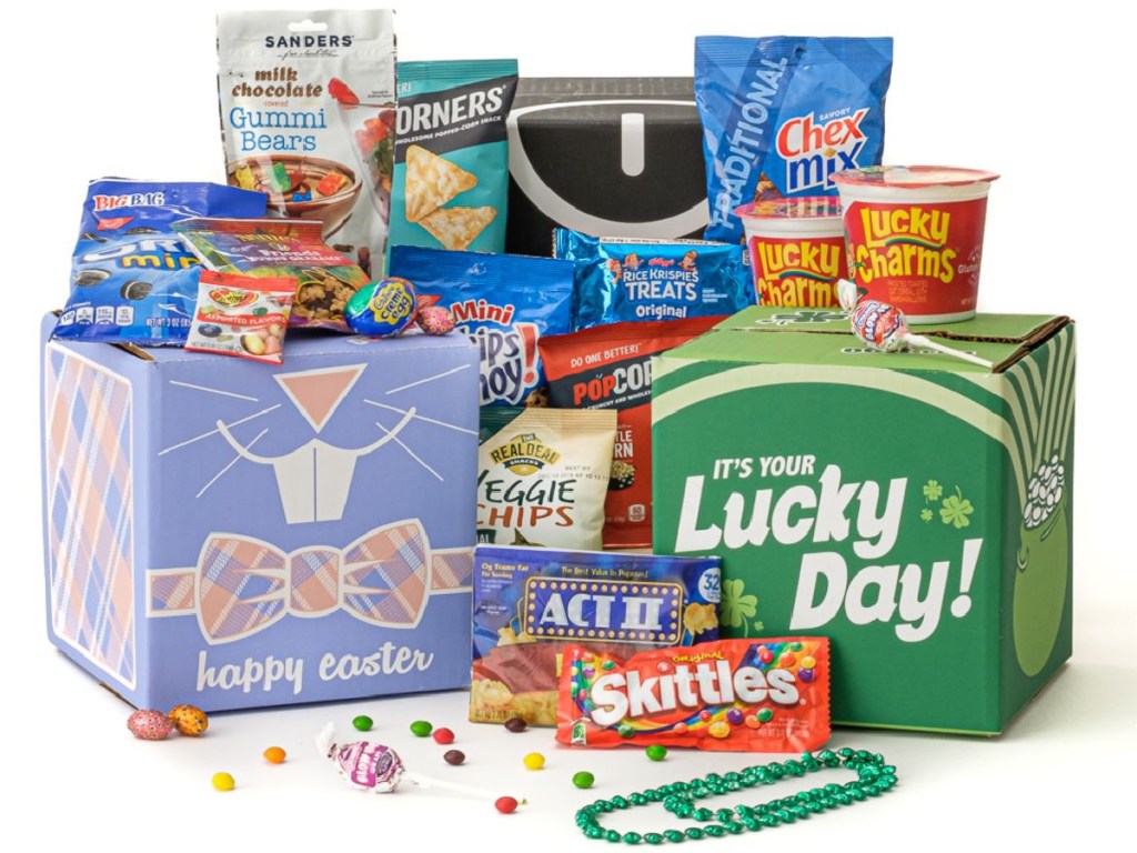 candy, snacks and food in St. Patrick's Day and Easter shipping boxes